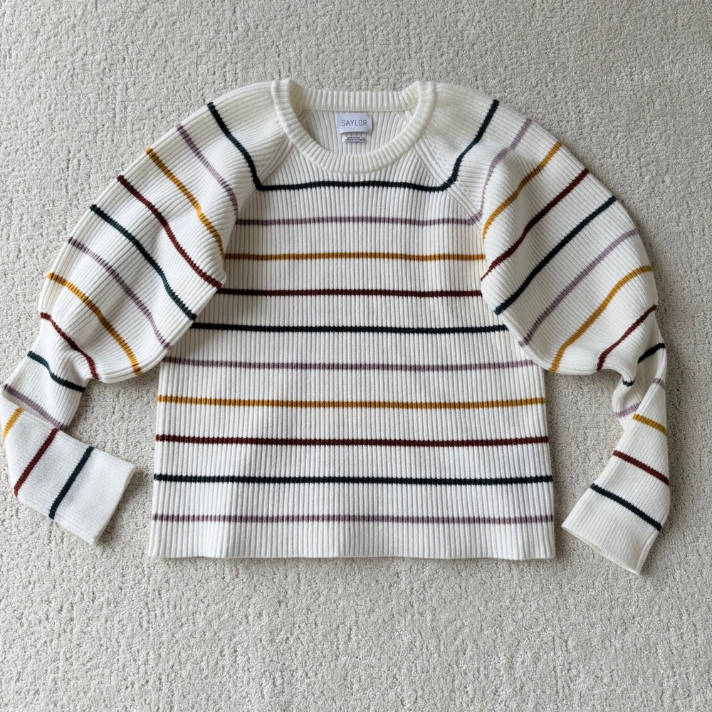 SAYLOR Keane Puff Sleeve Striped Knit Sweater‎ Cream Size L